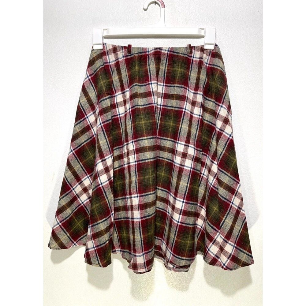 Century wool skirt VTG circular brown burgundy plaid accademia Boston women S - Picture 2 of 3
